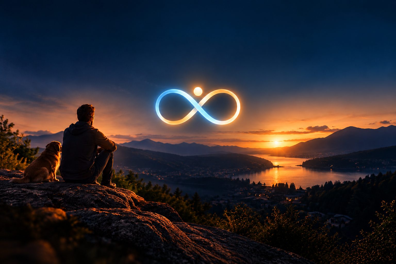 A man and his dog look out over a lake at sunset, beneath the glowing blue and gold LIFE symbol.